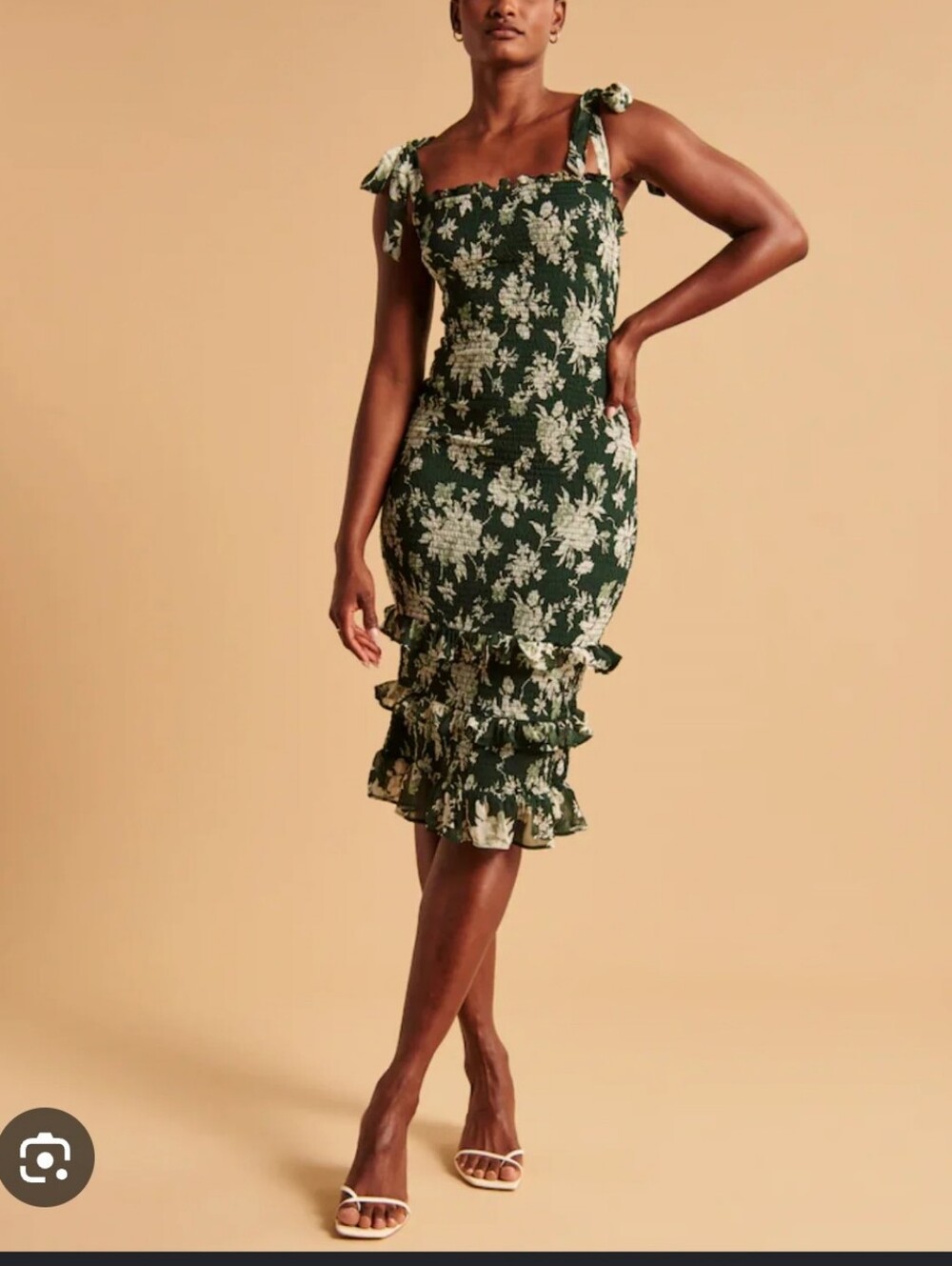 Abercrombie & Fitch Smocked Tiered Ruffle Midi Dress Green Floral Tie Shoulder L